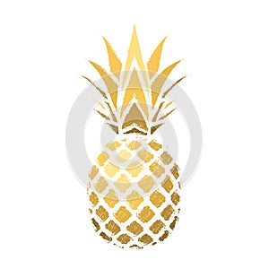 Pineapple grunge with leaf. Tropical gold exotic fruit isolated white background. Symbol of organic food, summer