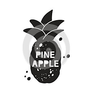 Pineapple grunge sticker. Black texture silhouette with lettering inside. Imitation of stamp, print with scuffs