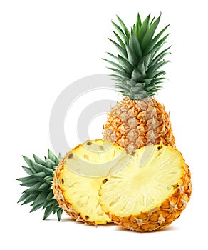 Pineapple and half pieces on white background