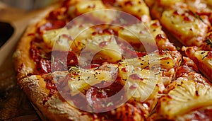 Pineapple with herbs on a pizza. Ai generated.