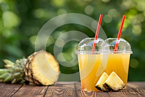 Pineapple juice in disposable plastic cups