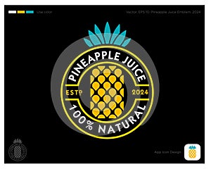 Pineapple Juice emblem. 100% natural product. Geometric symbol of pineapple into circle with letters.