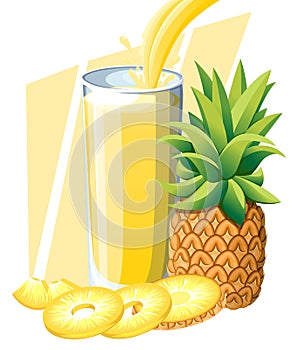 Pineapple juice. Fresh fruit drink in glass. Pineapple smoothies. Juice flow and splash in full glass. Vector illustration isolate