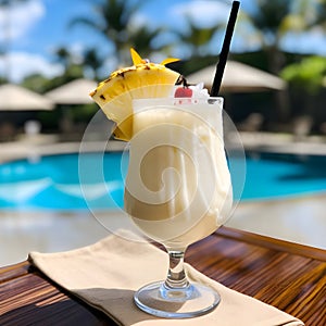 Pineapple juice in a glass glass next to the beach. Pina colada drink in front of pool