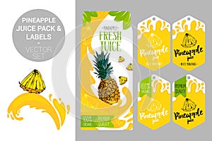 Pineapple juice pack and organic fruit labels tags. Colorful tropical stickers.