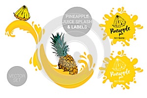 Pineapple on juice splashes. Organic fruit labels tags and pineapple juice text. Colorful tropical fruit stickers.