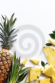 Pineapple juicy yellow slices background. Top view fresh pineapples slice parts