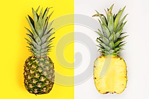 Pineapple layout with whole fruit on yellow and half slice on white