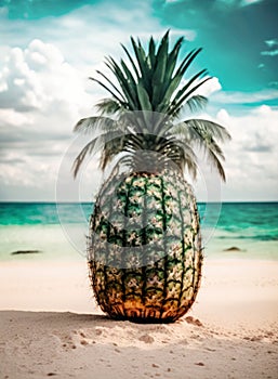 Pineapple on light sand beach and the sea in the background. Tropical beach. Generative AI
