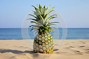 a pineapple looking like a christmas tree on a sandy beach setting