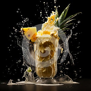 Pineapple Milkshake frozen in time, with liquid splashing in excitement