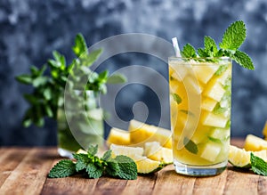 Pineapple mint agua fresca in a glass with a background of fresh pineapple chunks and mint leaves. AI generated. photo