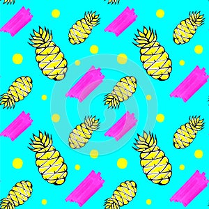 Pineapple multicolored seamless pattern. Bright, contrasting combinations of pink, yellow and turquoise.