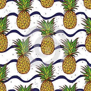 Pineapple and navy waves seamless vector print