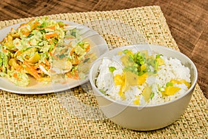 Pineapple onion rice bowl with chicken salad
