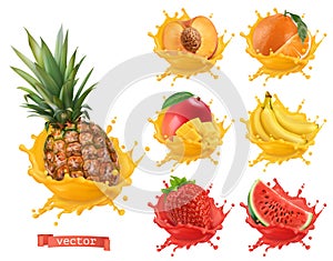 Pineapple, orange, mango, banana, peach, strawberry, watermelon juice. Fresh fruits and splashes, 3d realistic vector icon set