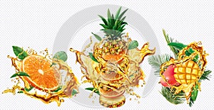 Pineapple, Orange and Mango in splashes of juice