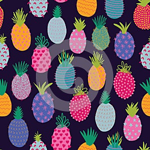 Pineapple pattern. Colorful abstract seamless vector summer background. Repeating tropical pineapples on black. Hand