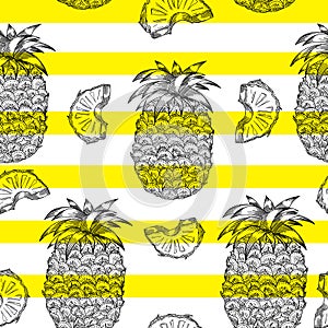 Pineapple pattern in engraving style. Monochrome texture with pineapple on yellow stripes. Perfectly look on fabric, textile