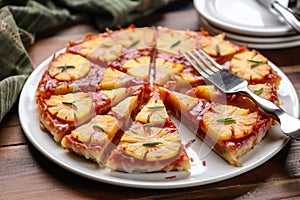 pineapple pizza slices arranged radially on a white plate with a silver fork