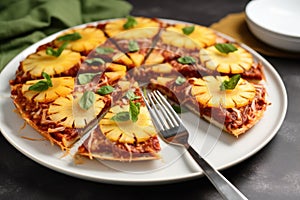 pineapple pizza slices arranged radially on a white plate with a silver fork