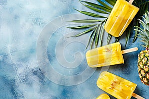 Pineapple popsicles in a cluster. Top view scene over a blue stone background. empty space