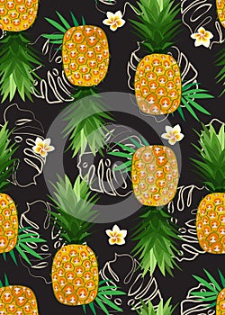 Pineapple seamless pattern with frangipani flower and tropical leaves on black background. Summer background. Ananas fruits