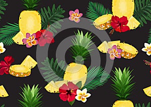 Pineapple seamless pattern in longitudinal section and slice with tropical flower and leaves on black background.