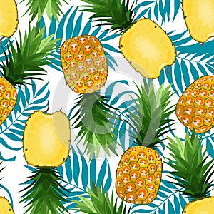 Pineapple seamless pattern whole and in longitudinal section with palm leaves on white background. Summer background.