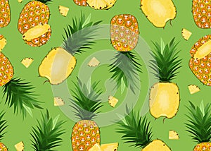 Pineapple seamless pattern whole and in longitudinal section with slice on green background. Summer background