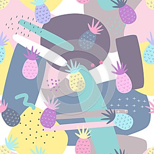 Pineapple seamless patterns on colorful background