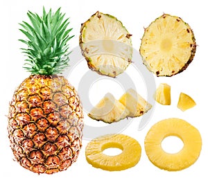 Pineapple, segments and slices isolated on white background