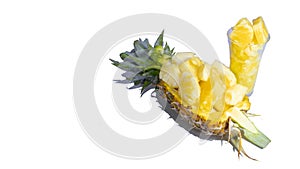 Pineapple serve on pineapple bowl & glassware, tropical fruit set isolated on white background