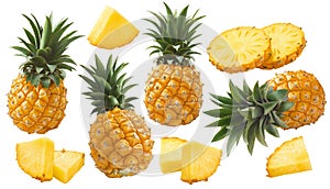 Pineapple set isolated on white background. Whole fruit, round and triangular slices