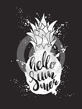 Pineapple silhouette lettering Hello summer black and white