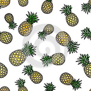 Pineapple silhouette with outline and unfit colored vector illustration seamless Pattern