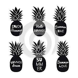 Pineapple silhouettes. Hello Summer quotes. Black pineapple icons. Vector