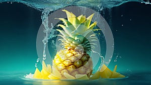 Pineapple with slices fall into dark green water with ripple