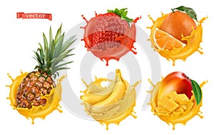 Pineapple, strawberry, orange, banana, mango juice. Fresh fruits and splashes, 3d realistic vector icon set