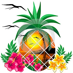 Pineapple Tropical Sunset and Flowers photo