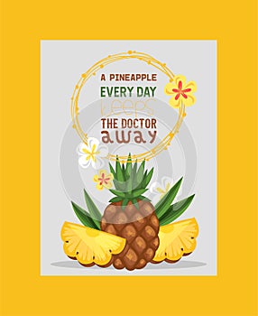Pineapple summer fruits and slices for healthy lifestyle poster vector illustration. Pineapple every day keeps doctor