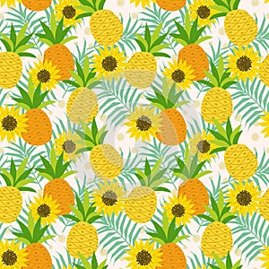 Pineapple and sunflower on leaves seamless pattern
