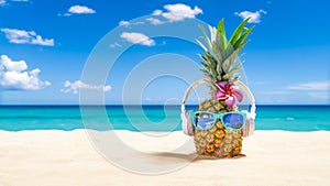 Pineapple with sunglasses and headphones at tropical beach - Holiday Vacation Concept