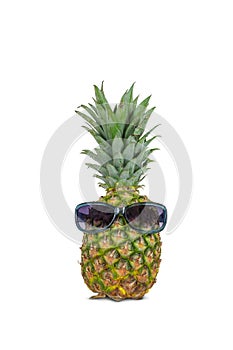 Pineapple with sunglasses isolated on white background.