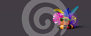 Pineapple with sunglasses resting on the lifebuoy, Summer travel concept on grey background 3d render