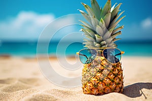 Pineapple in sunglasses on a sandy beach, the concept of a summer vacation, a seaside resort