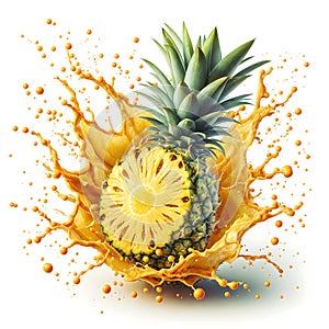 A pineapple is surrounded by a splash of yellow liquid, with droplets floating in the air. The pineapple is located at the center