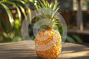 Pineapple on a table with tropical plants backdrop.