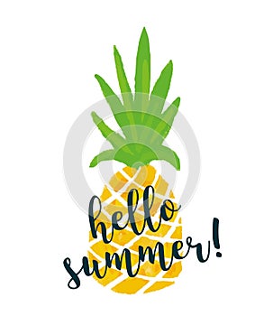Pineapple with text `Hello summer`. Ananas summer background.