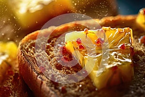 Pineapple toast, macro shot of a fresh breakfast with Dripping Honey, AI Generated